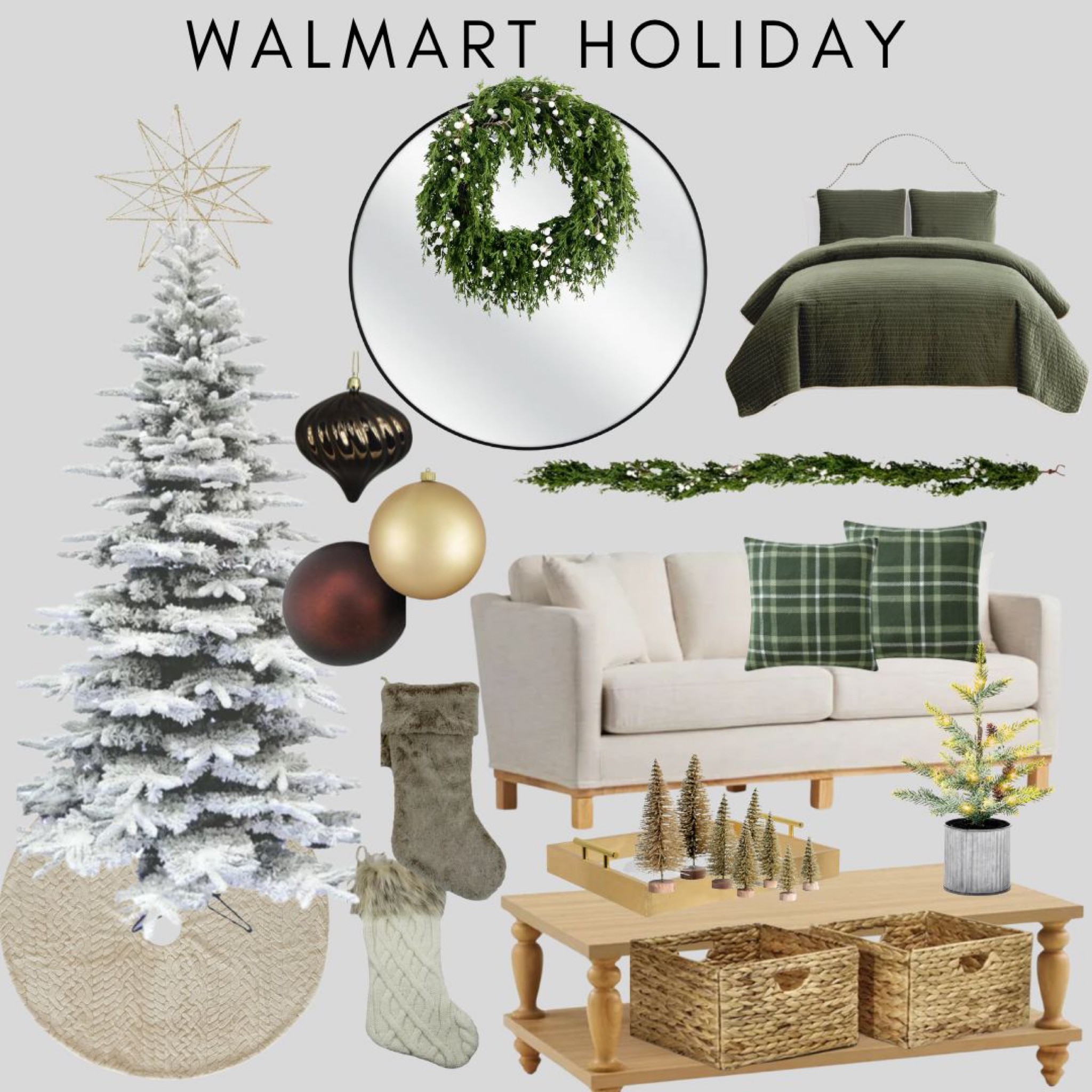 Walmart Holiday 
Holiday bedding
Ornaments
Christmas tree 
Garland
Round mirror
Stockings
Tan couch 
Holiday pillows
Holiday wreath
Baskets 

#LTKSeasonal #LTKHoliday #LTKhome