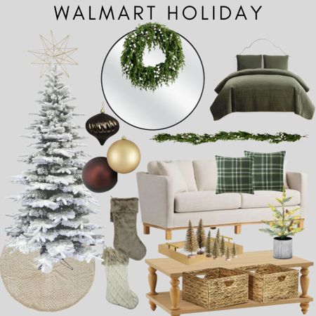 Walmart Holiday 
Holiday bedding
Ornaments
Christmas tree 
Garland
Round mirror
Stockings
Tan couch 
Holiday pillows
Holiday wreath
Baskets 

#LTKSeasonal #LTKHoliday #LTKhome