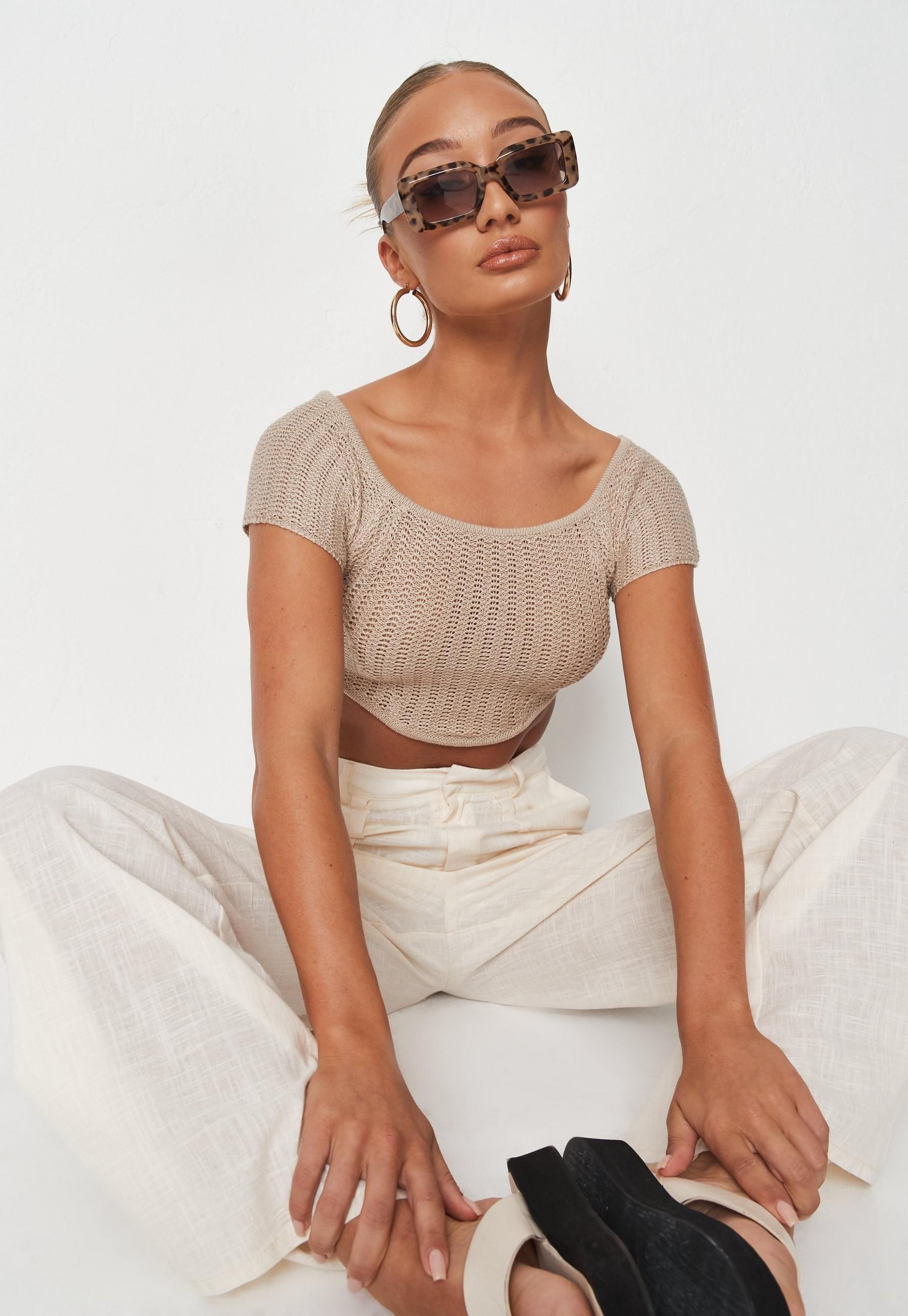 Missguided - Stone Crochet V Front Knit Crop Top | Missguided (US & CA)