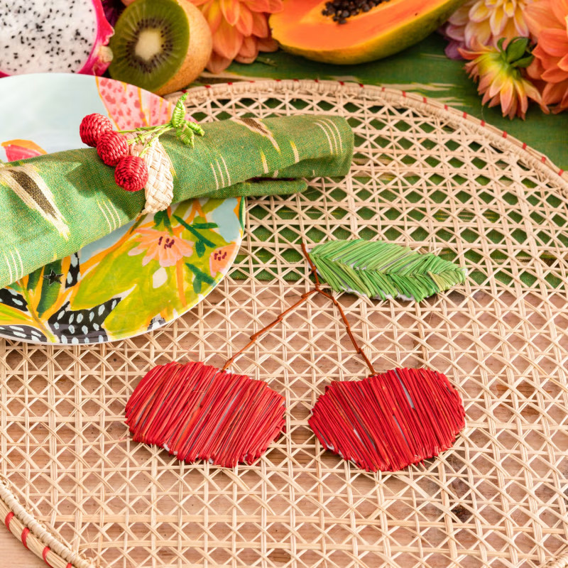 Set X 4 Natural Straw Woven Red Cherry Fruits Round Placemats | Wolf and Badger (Global excl. US)