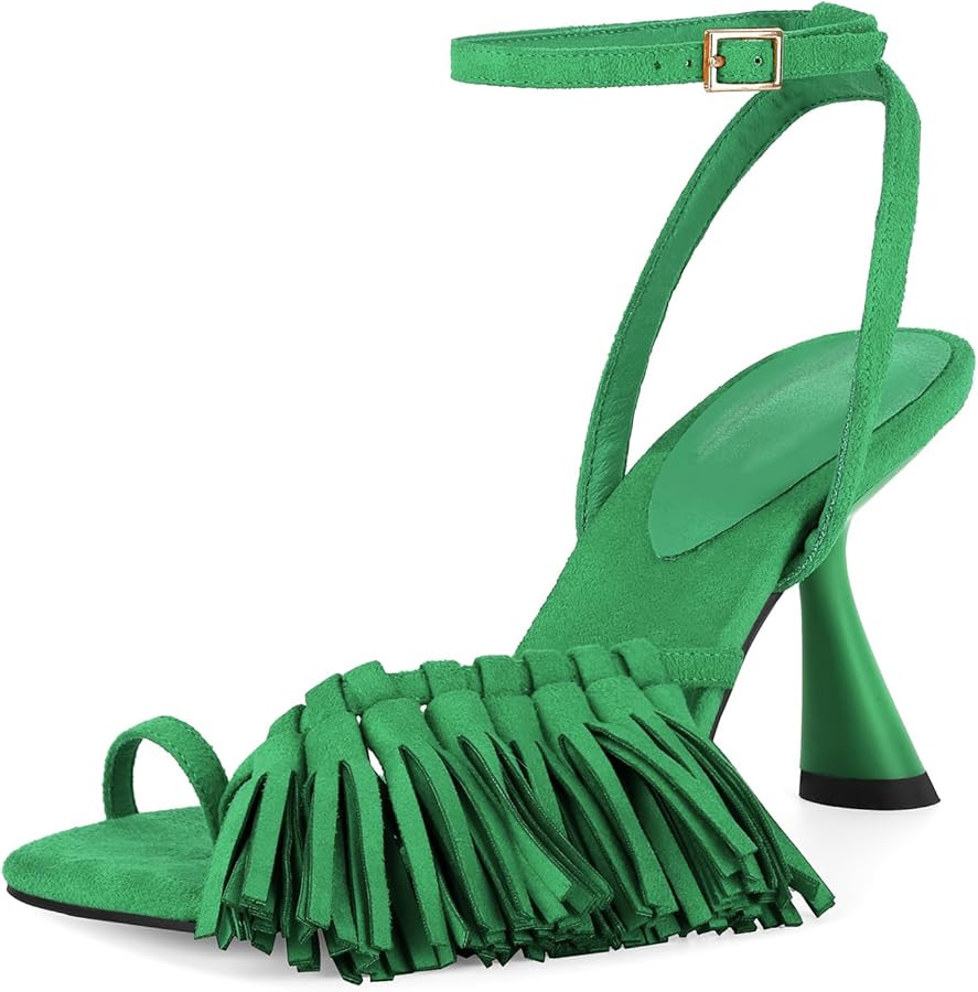 Richealnana Women's Fringe Toe Ring Ankle Strap Sandals Square Toe Tassel Shoes For Party Prom | Amazon (US)