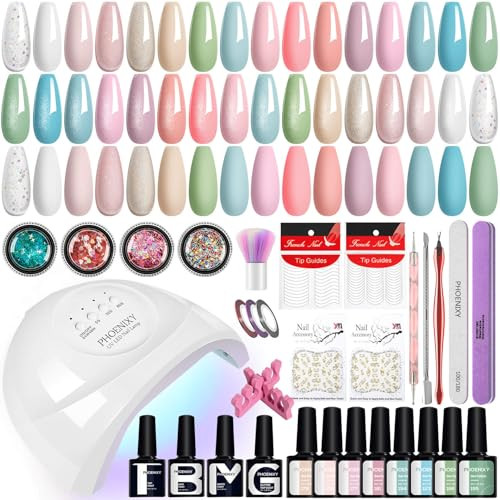 PHOENIXY Gel Nail Polish Kit with U V Light, 40 Pcs Pink Blue Green White Nude Gel Nail Polish Set with 48W Nail Lamp Gel Nail Kit Gifts for Women | Amazon (US)