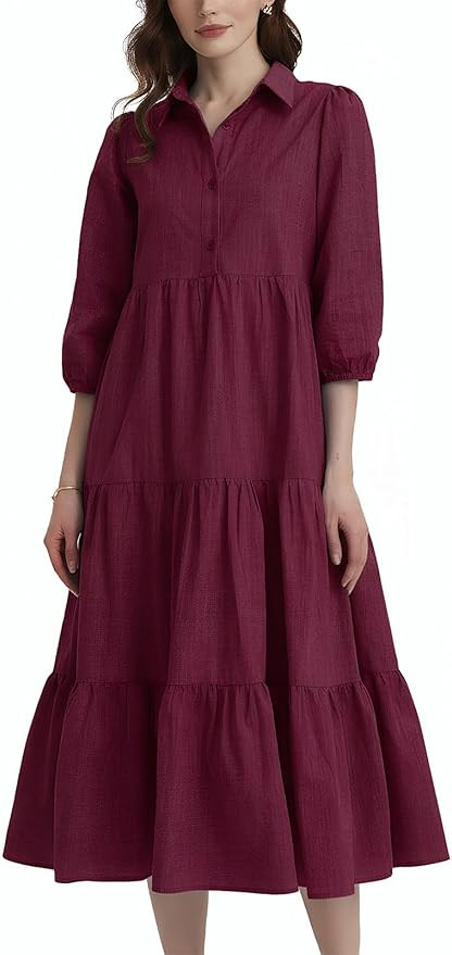 D-Sun Women Long Sleeve Maxi Dress V Neck Button Down Flowy Tiered Ruffle Shirt Dress Casual Fall... | Amazon (US)