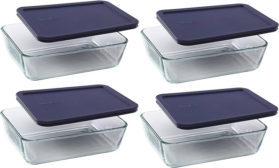 Pyrex 6-cup 7211 Rectangle Glass Food Storage Containers with Blue Plastic Lids - 4 Pack Made in ... | Amazon (US)