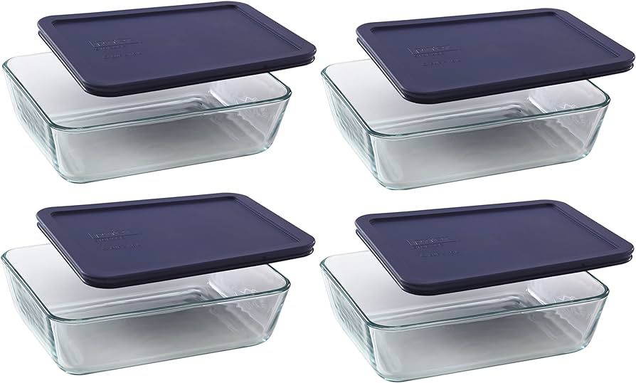 Pyrex 6-cup 7211 Rectangle Glass Food Storage Containers with Blue Plastic Lids - 4 Pack Made in ... | Amazon (US)