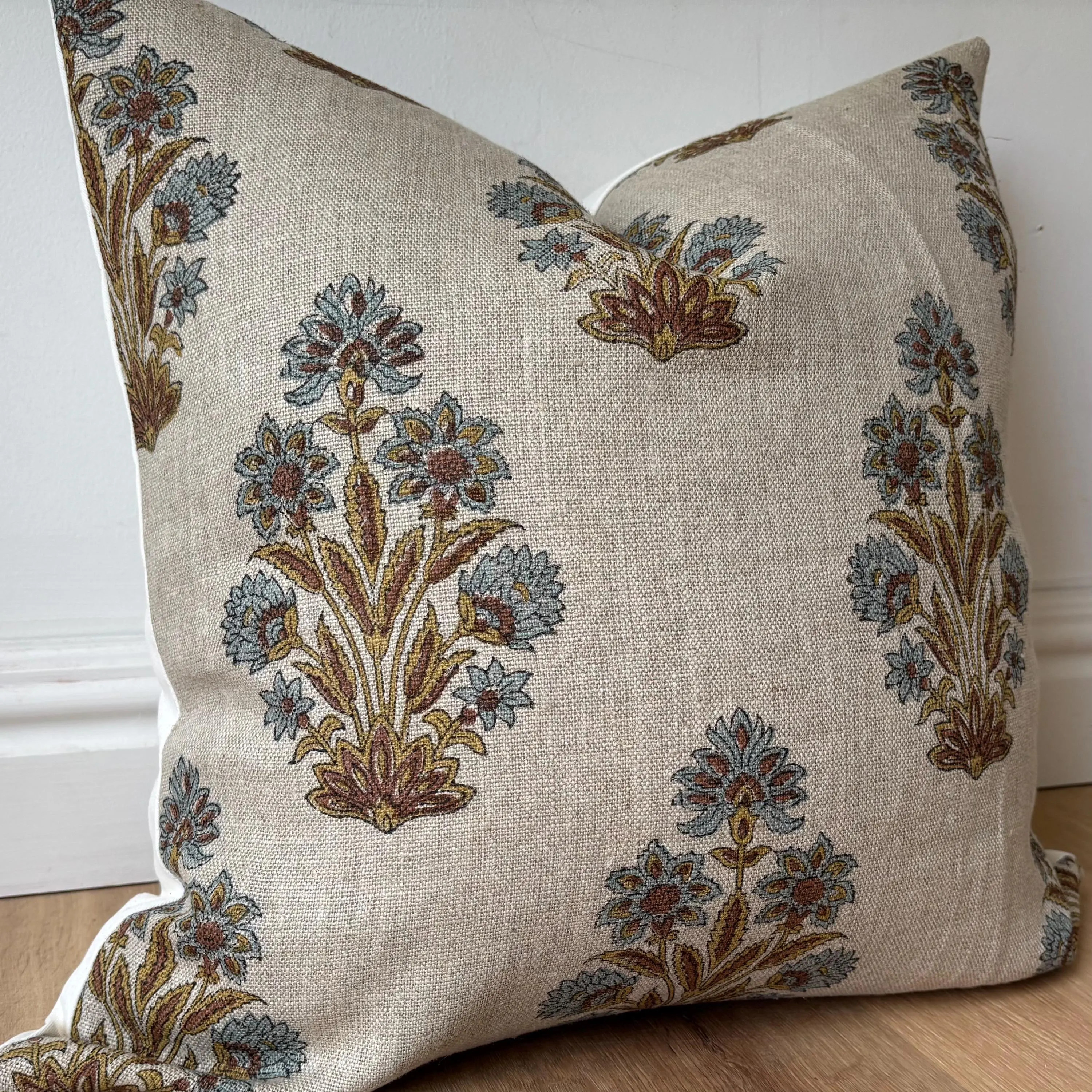 Authentic boho floral Indian hand block stamped linen print pillow cover blue gold amber brown natural multiple sizes Scandinavian | Etsy (Global)