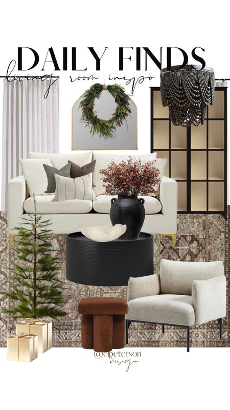 7ft Christmas tree
Stems
Wall mirror
Drapes
Sofa
Round coffee table
Vase
Accent chair
Area rug
Cabinet
Wreath

#LTKunder50 #LTKhome #LTKunder100