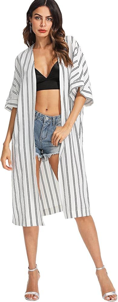 Women's Striped Beach Wear Cover up Longline Kimono Cardigan | Amazon (US)