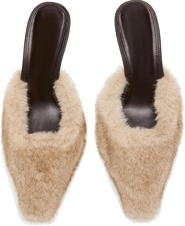 Women's Faux Fur Pointed Toe High Heel Mules | Amazon (US)