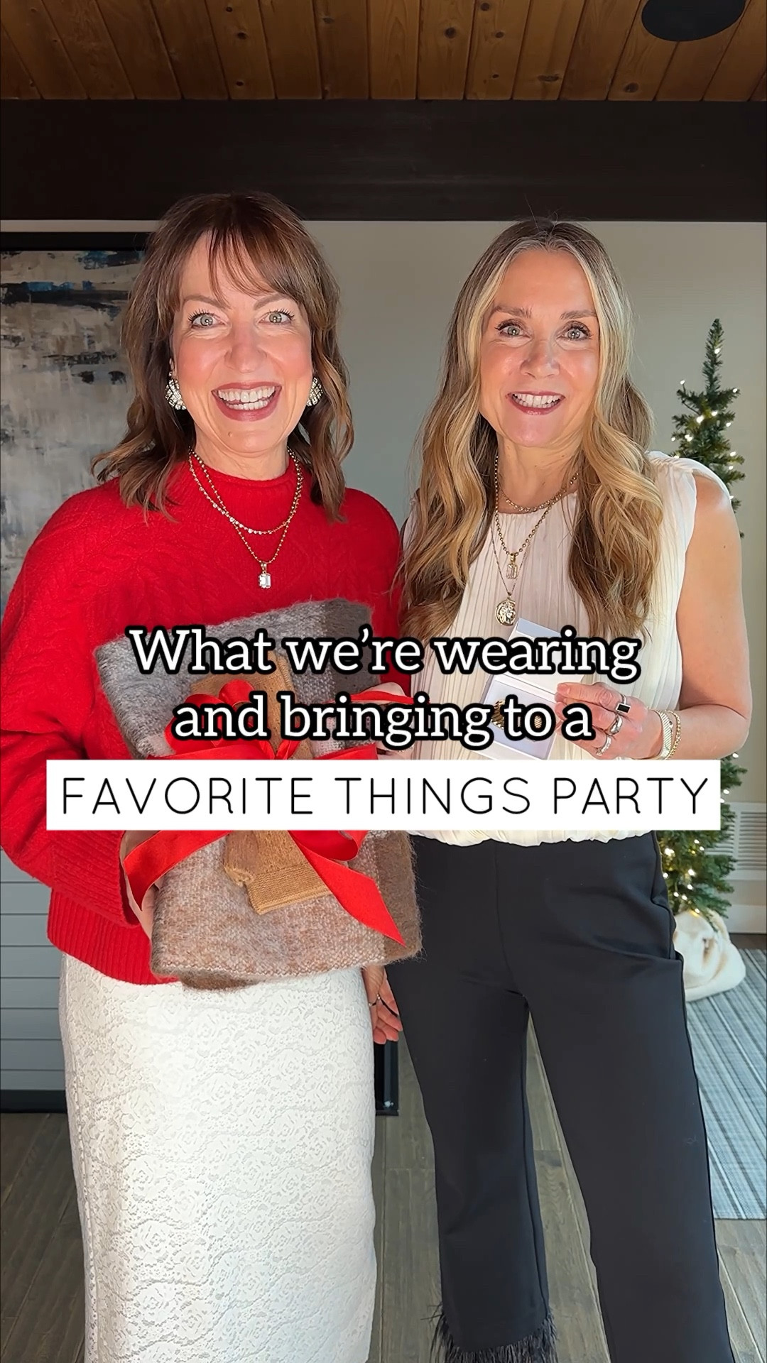 Comment SHOP for links!!🎁🎁
It’s so fun to dress up and go to a Favorite Things Party! We put on festive outfits and we’re off! Julie’s gift is earrings from @heavenmayhem_ and I went with @gap fingerless gloves and a cozy blanket scarf from @oldnavy. We can’t wait!!🎁🎄

Favorite things party gifts, Chico’s, Z Supply, Dolce Vita, lace skirt, feather pants, bubble hem top, red sweater, gold heels, gold clutch, holiday outfit, fingerless gloves, blanket scarf, Heaven Mayhem earrings, Gap, Old Navy 

#LTKootd #LTKOver40 #LTKHoliday