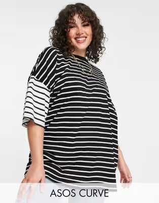 ASOS DESIGN Curve oversized t-shirt in cut-about mono stripe | ASOS (Global)