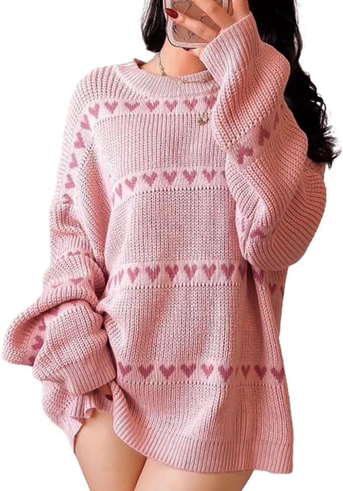 HABOHUSE Womens Oversized Knit Sweater Pink Heart Sweet Sweater Weather Winter Fall Cute Casual L... | Amazon (US)