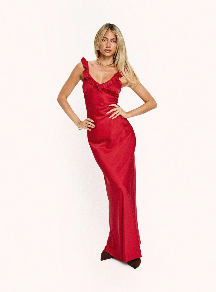 Ondrea Frill V Neck Maxi Dress Red | Princess Polly US
