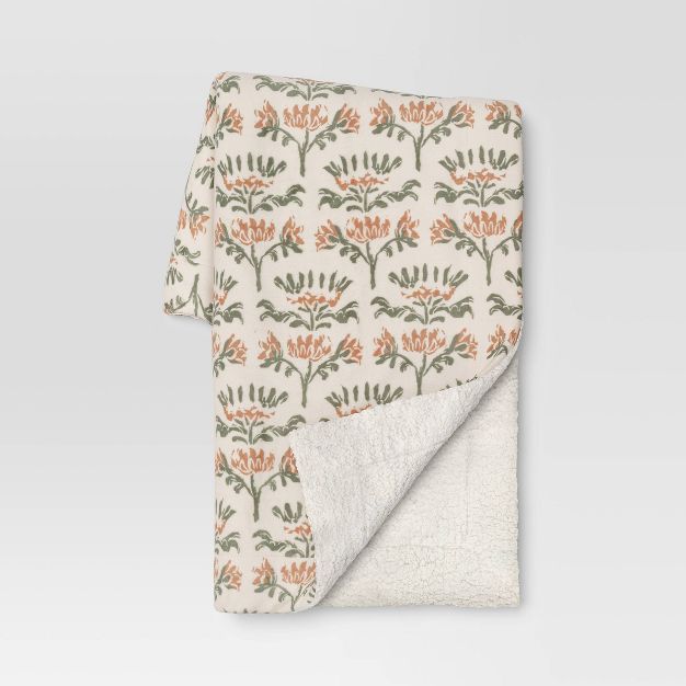 Botanical Printed Plush Throw Blanket with Sherpa Reverse Almond/Clay - Threshold™ | Target
