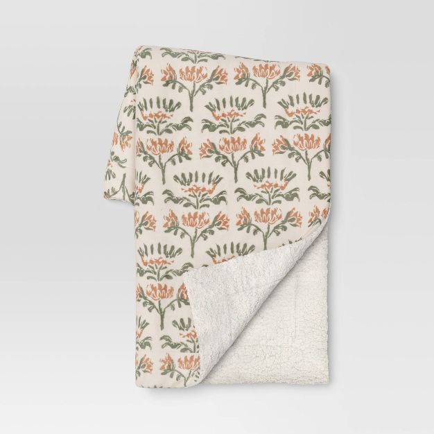 Botanical Printed Plush Throw Blanket with Faux Shearing Almond/Clay - Threshold™ | Target