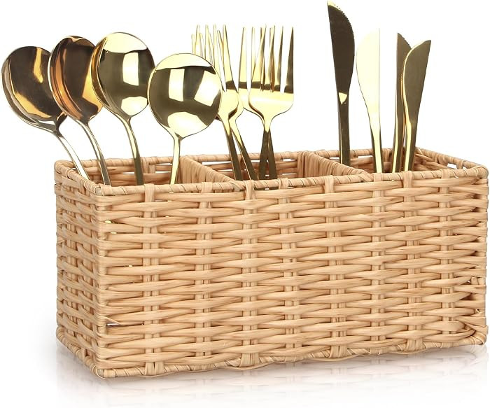 Wicker Flatware Silverware Caddy Cutlery Holder Kitchen Silverware Organizer Storage for Countert... | Amazon (US)