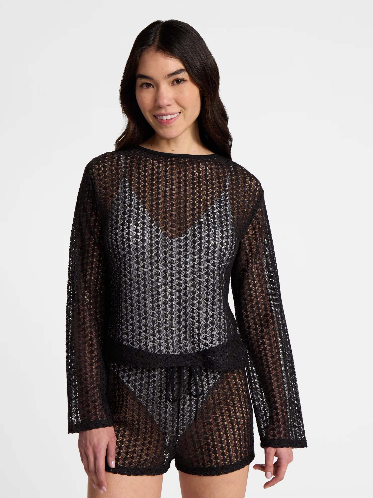 No Boundaries High-Low Crochet Swim Coverup with Long Sleeves, Women's | Walmart (US)