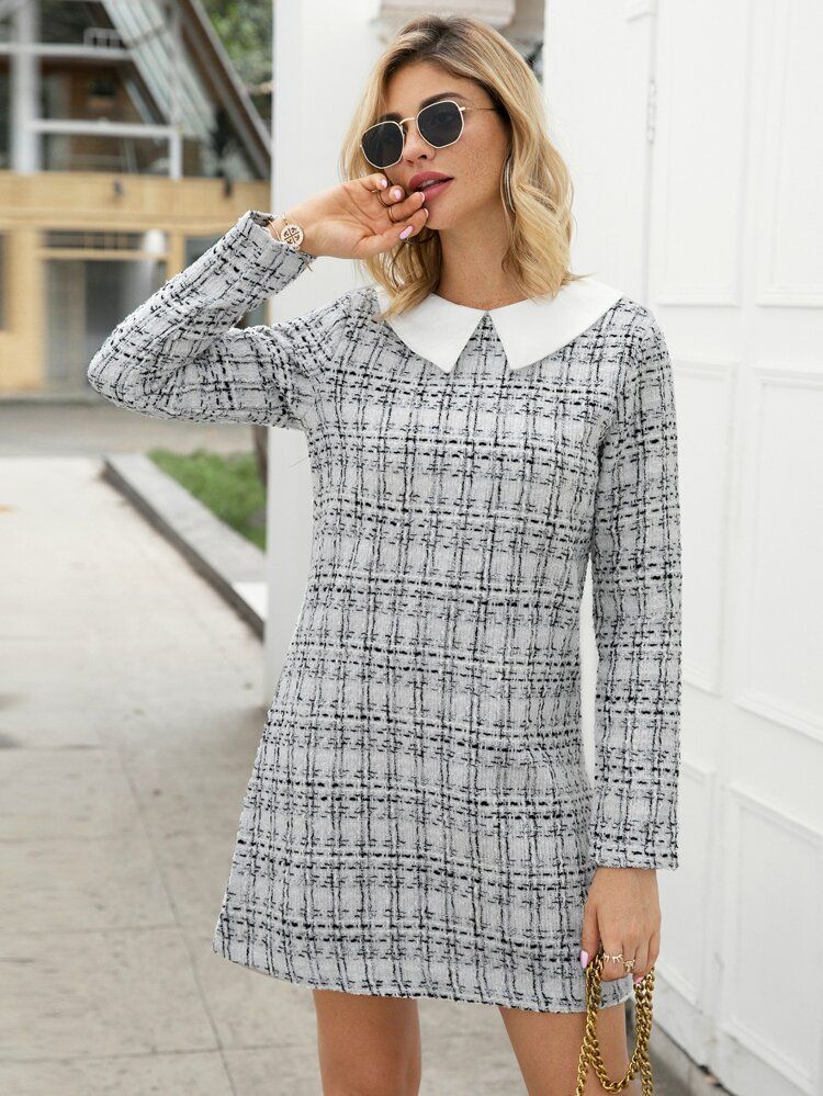 Tweed Contrast Collar Plaid Fitted Dress | SHEIN