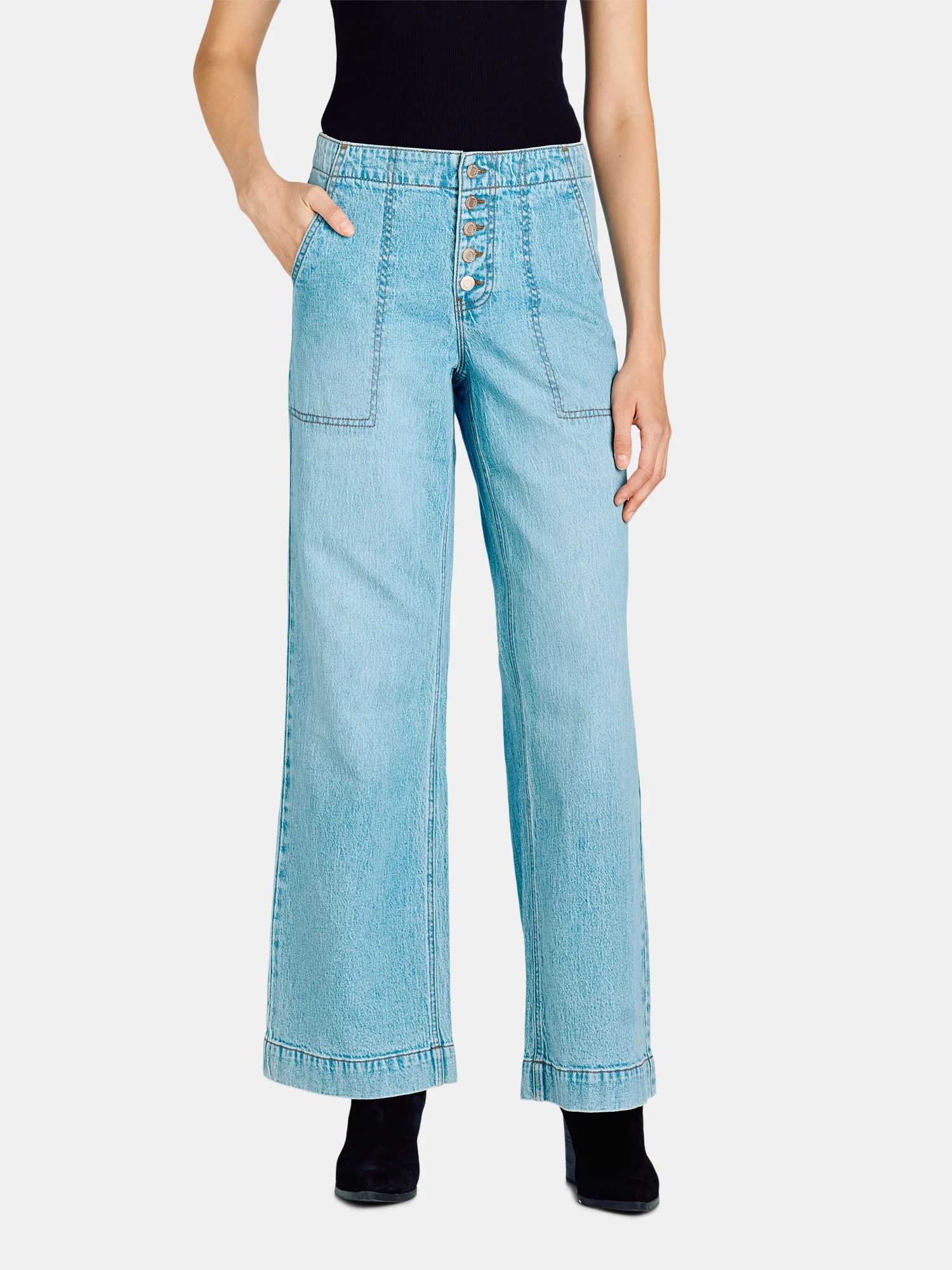 Time and Tru Women's High Rise Button Fly Wide Leg Jeans, Sizes 2-20 - Walmart.com | Walmart (US)