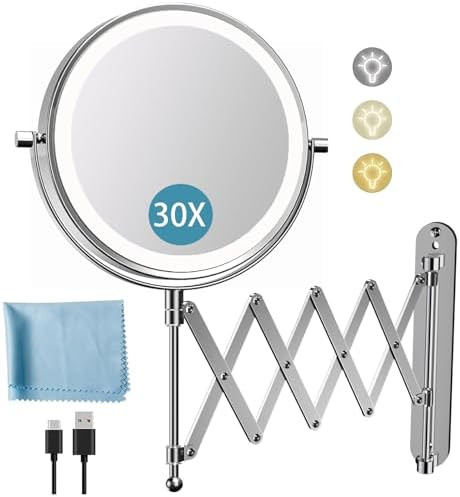 Rechargeable Wall Mounted Makeup Mirror - 8 Inch Double Sided 1X/30X Magnifying Mirror with 3 Col... | Amazon (US)