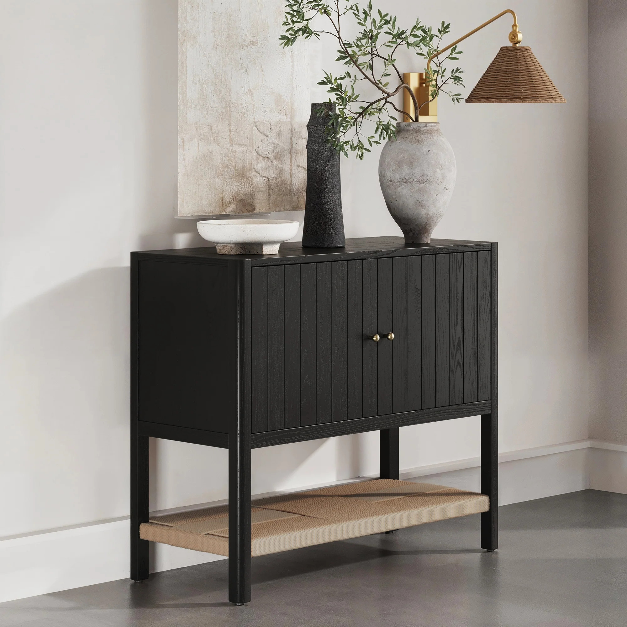 Mid-Century Grooved Door Storage Cabinet Black Oak | Nathan James