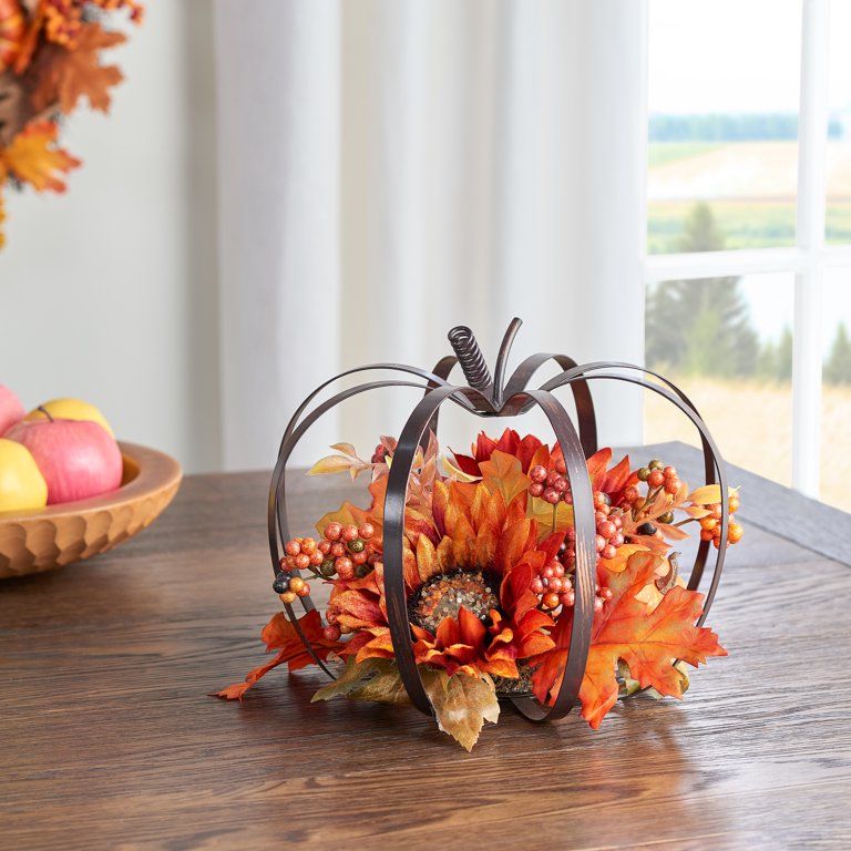Way to Celebrate Harvest Gold Pumpkin Frame Floral Tabletop Decoration, 9" | Walmart (US)