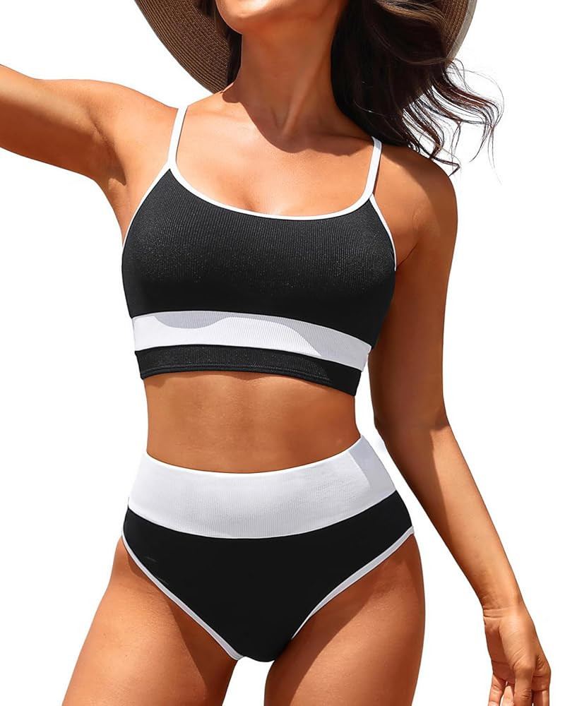 Tempt Me Women High Waisted Bikini Sets Ribbed Two Piece Color Block Sporty Scoop Neck Swimsuit f... | Amazon (US)