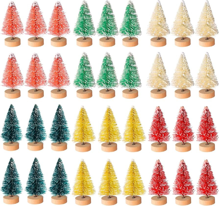 48 Pcs Artificial Mini Christmas Trees Bottle Brush Snow Frosted Trees with Wood Base Plastic Tab... | Amazon (US)
