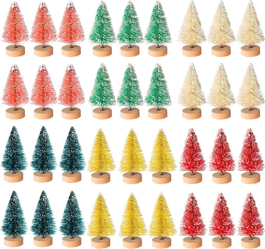 Cholung Artificial Mini Christmas Trees Bottle Brush Trees Snow Frosted Trees with Wood Base Plas... | Amazon (US)