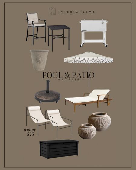 Outdoor pool and patio furniture, double lounge, shades, super affordable, lounge, accent chairs, $69 apiece, round planters, large planter, scallop umbrella, 120 gallon storage container, outdoor cooler on wheels, umbrella stand, and patio from Wayfair

#LTKsalealert #LTKstyletip #LTKhome