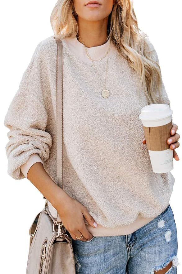 Infinilla Women's Casual Fuzzy Fleece Crewneck Pullover Sweater Fluffy Long Sleeve Sweatshirt Top | Amazon (US)