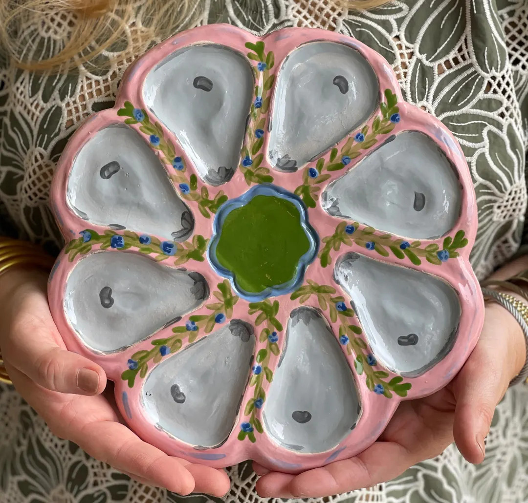 Hand Built Oyster Plate 9" in Pink and Green With Scalloped Center - Etsy | Etsy (US)