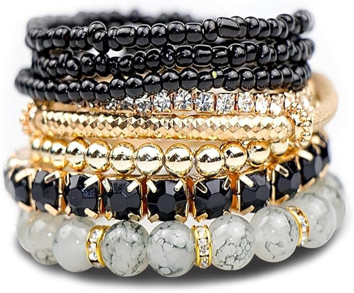 Pingyongchang Stackable MultiLayer Bohemian Crystal Bead Bracelets Set for Women Handmade Colorfu... | Amazon (US)