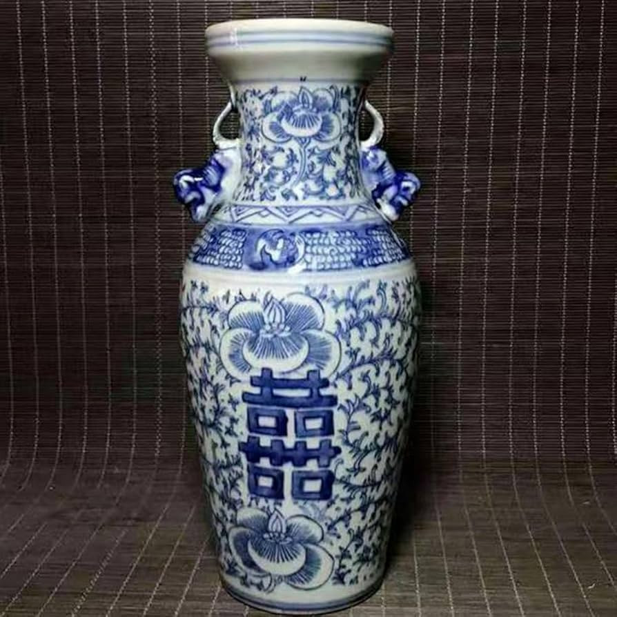 China Hand Painted Blue and White Porcelain Double Happiness Double Ear Vase | Amazon (US)