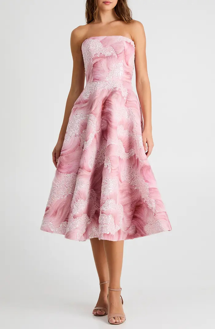 Vivi Bead Detail Print Strapless Cocktail Midi Dress | Nordstrom
