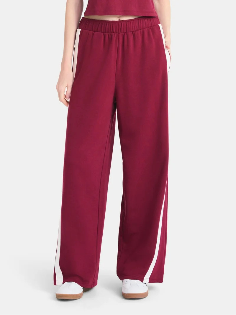 No Boundaries Wide Leg French Terry Pants with Side Stripes, 30'' Inseam, Women's | Walmart (US)