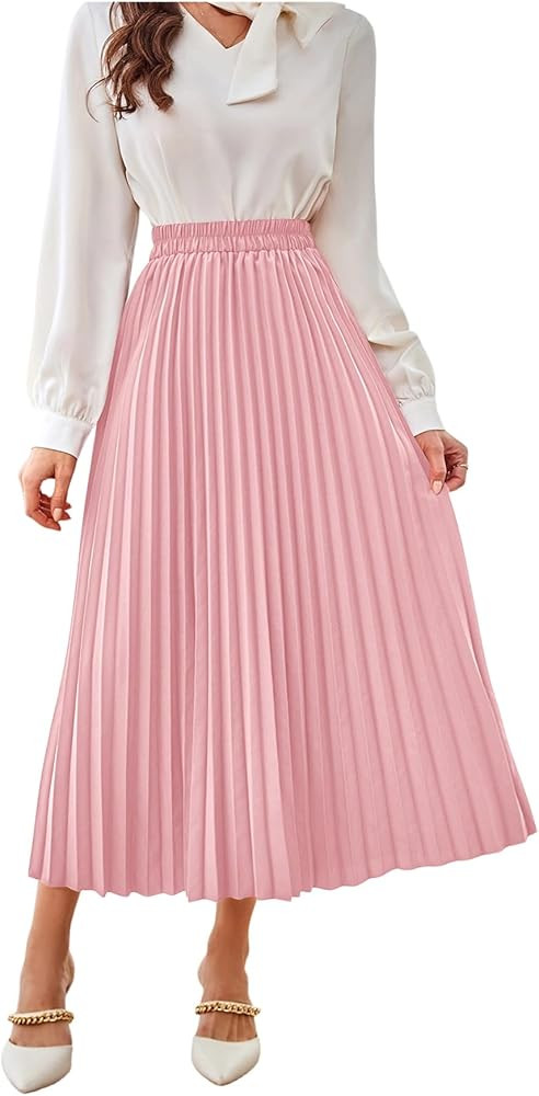 SweatyRocks Women's Casual Solid Longline Pleated Long Skirt | Amazon (US)