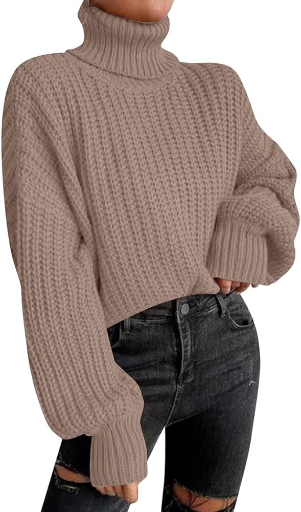 Womens Cropped Turtleneck Sweater Ribbed Knit Lantern Sleeve Fall Pullover Sweaters | Amazon (US)