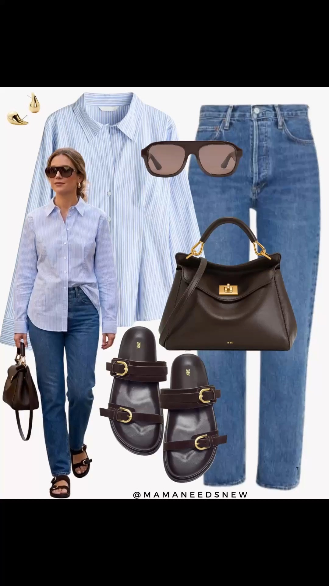 A spring outfit with a striped shirt, jeans, footbed sandals, top handle bag 🩵🤎

#LTKootd #LTKSaleAlert #LTKSeasonal