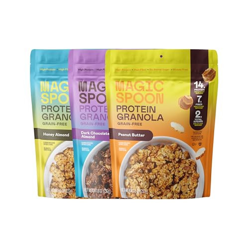 Magic Spoon Protein Granola - High Protein Granola, Keto Friendly, Low Sugar, Grain Free, Healthy Breakfast or Quick Snack (1 bag of each: Honey Almond, Dark Chocolate Almond, Peanut Butter) | Amazon (US)