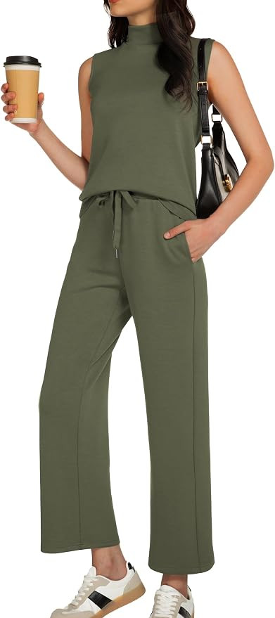 Women's Summer 2 Piece Outfits Mock Neck Tank Top Cropped Wide Leg Pants Lounge Sets 2025 Fashion... | Amazon (US)
