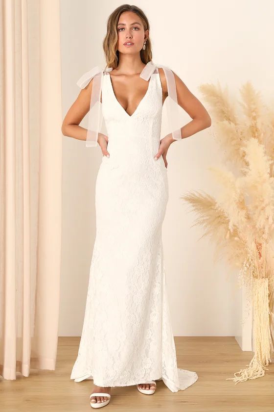 Eternally Yours White Lace Tie-Strap Mermaid Maxi Dress Bride To Be Outfit Bride Reception Dress | Lulus (US)