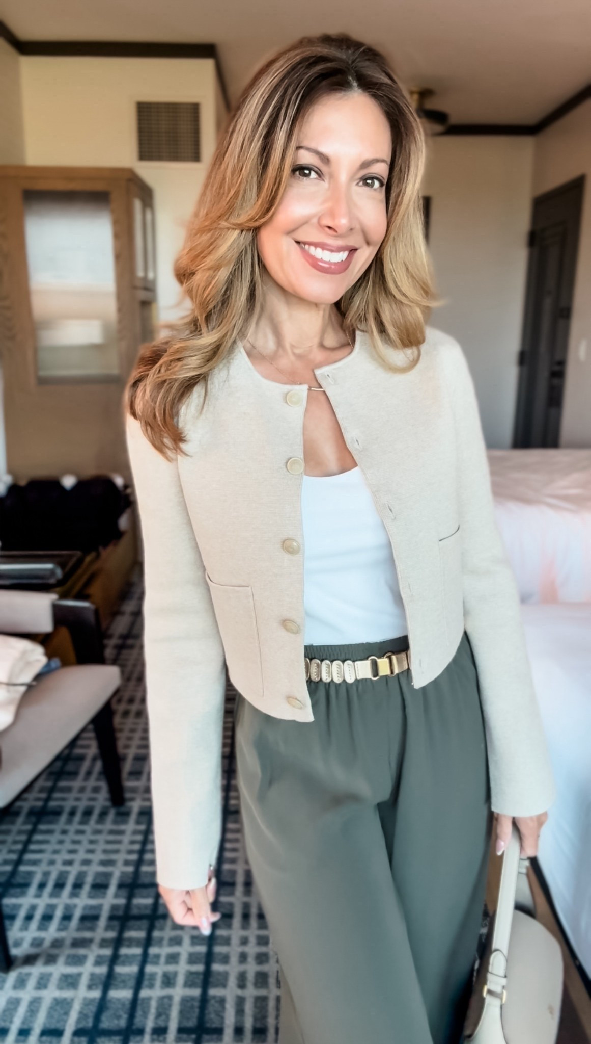 Love this neutral crop cardigan jacket and pretty olive green wide leg pant. Perfect for fall workwear or lunch date look. 

Fall fashion
Fall outfit
Business casual 

#LTKStyleTip #LTKBeauty #LTKWorkwear