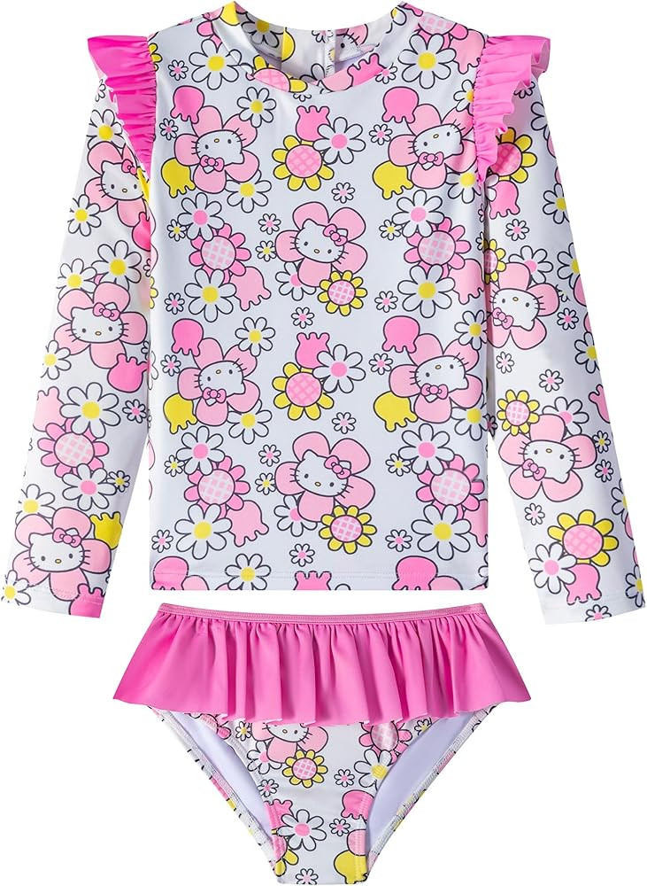 Hello Kitty Sanrio Girls UPF 50+ Long Sleeve Rash Guard & Bikini Bottom Two Piece Swimsuit Set fo... | Amazon (US)