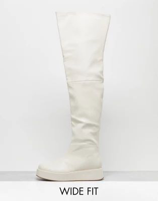 Public Desire Wide Fit Rosie flat over the knee boots in cream | ASOS (Global)