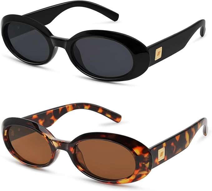 Retro Oval Sunglasses for Women Men Trendy Small 90s Style Vintage Skinny Narrow Frame 2-Pack | Amazon (US)