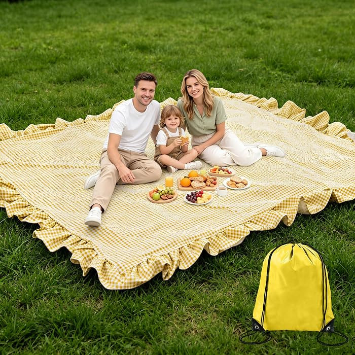Extra Large Gingham Ruffled Picnic Outdoor Blanket,71x91In Linen Cotton Checkered Gingham Picnic ... | Amazon (US)