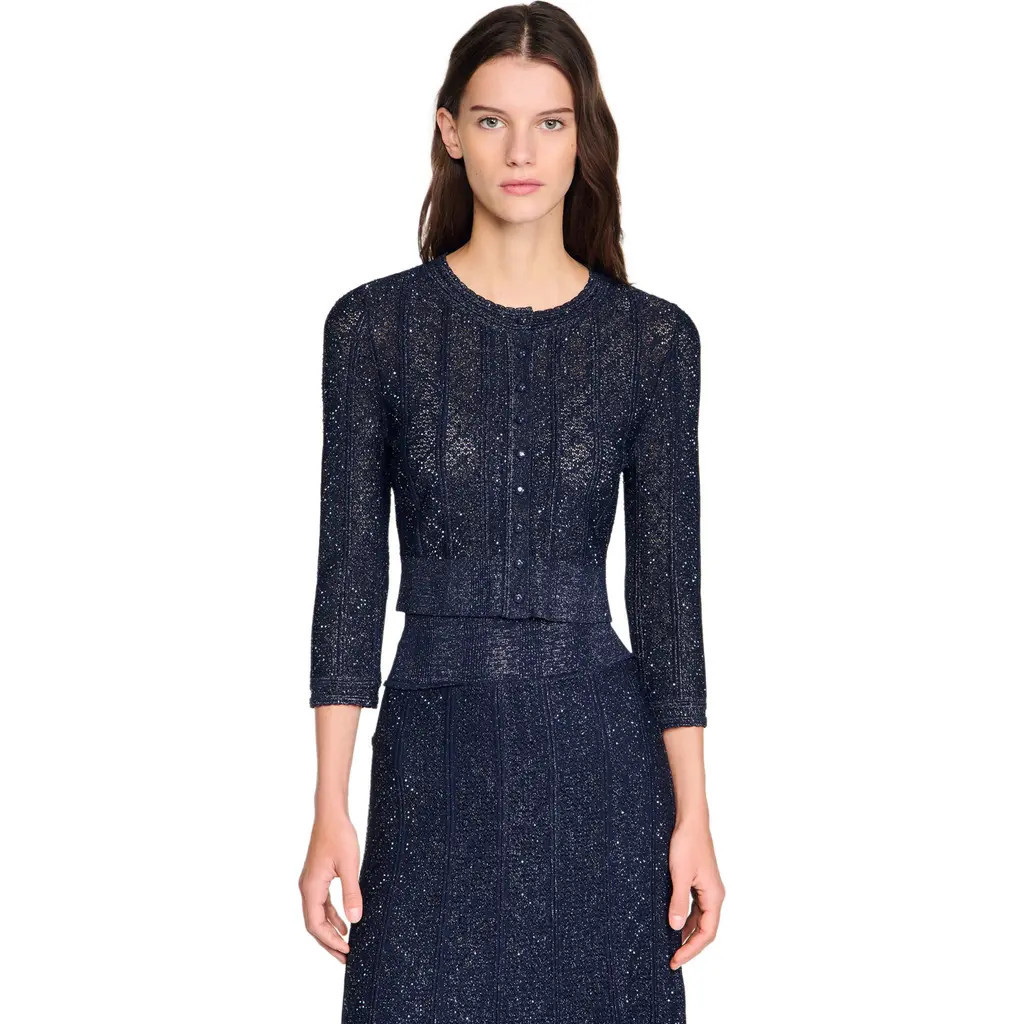SANDRO Strass knit cropped cardigan in Navy Blue at Nordstrom, Size Small | Nordstrom