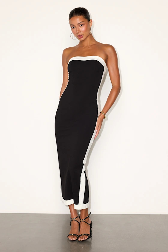 Impressive Edge Black Color Block Strapless Midi Dress | Lulus