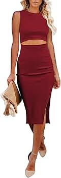 Shawhuwa Women's Summer Midi Bodycon Dresses Casual Crew Neck Side Slit Sleeveless Knit Tank Top ... | Amazon (US)